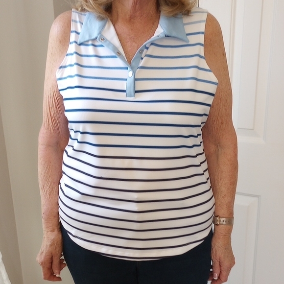 Chico's Tops - Chico's Zenergy Striped Sleeveless Polo Top - Blue and White